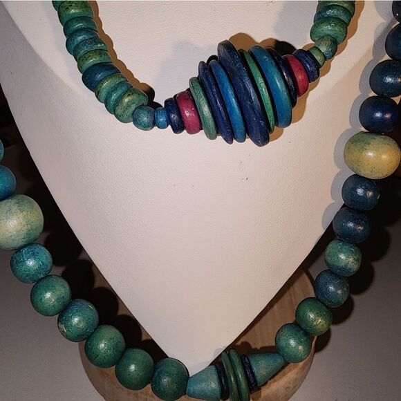 Blue and Green Wooden Beaded Necklaces with Textured Designs NWOT - Picture 3 of 10